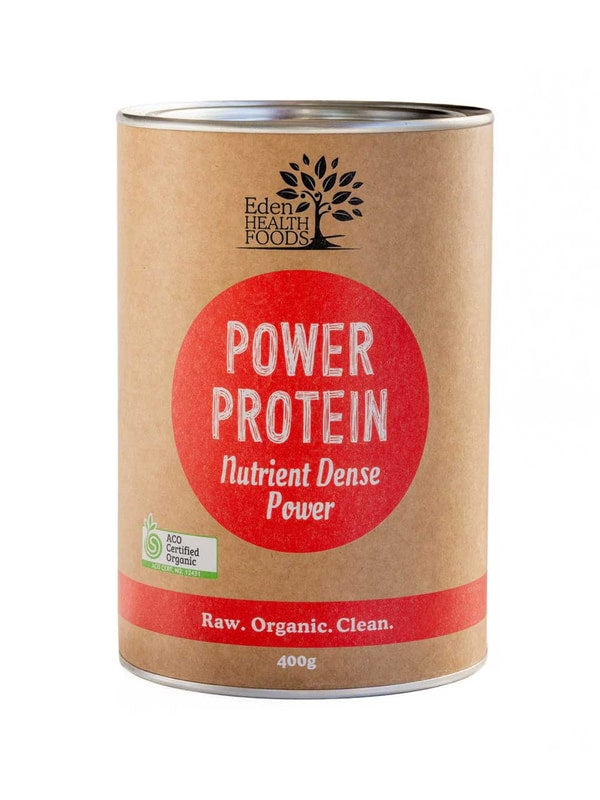 Eden Healthfoods Power Protein 400g comes in a brown can with a large red circle label stating "Power Protein Nutrient Dense Power" and "Raw. Organic. Clean.", highlighting its organic blend of brown rice and hemp protein powder.