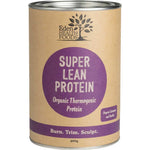A 400g cylindrical container of Eden Healthfoods Super Lean Protein Cinnamon & Vanilla, a plant-based protein powder with a brown label and purple accents, offering metabolism support.