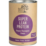 A 400g cylindrical container of Eden Healthfoods Super Lean Protein Cinnamon & Vanilla, a plant-based protein powder with a brown label and purple accents, offering metabolism support.