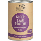 A 400g cylindrical container of Eden Healthfoods Super Lean Protein Cinnamon & Vanilla, a plant-based protein powder with a brown label and purple accents, offering metabolism support.