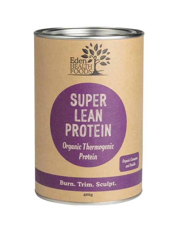 A 400g cylindrical container of Eden Healthfoods Super Lean Protein Cinnamon & Vanilla, a plant-based protein powder with a brown label and purple accents, offering metabolism support.