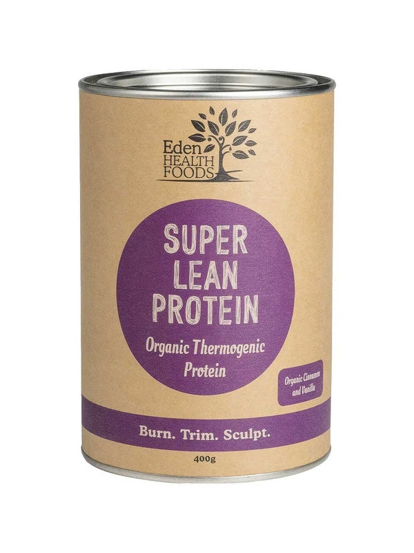 A 400g cylindrical container of Eden Healthfoods Super Lean Protein Cinnamon & Vanilla, a plant-based protein powder with a brown label and purple accents, offering metabolism support.