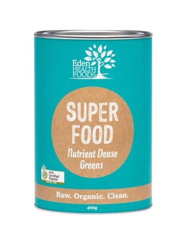 A canister labeled Eden Healthfoods Superfood 400g in teal and brown, with "Raw. Organic. Clean." at the bottom and an ACO Certified Organic logo on the left, an organic superfood blend for whole food nutrition.