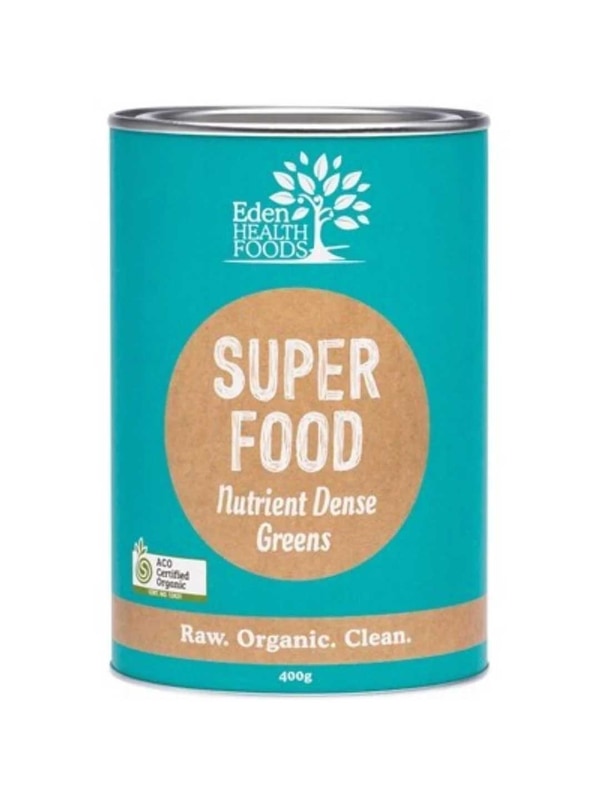 A canister labeled Eden Healthfoods Superfood 400g in teal and brown, with "Raw. Organic. Clean." at the bottom and an ACO Certified Organic logo on the left, an organic superfood blend for whole food nutrition.