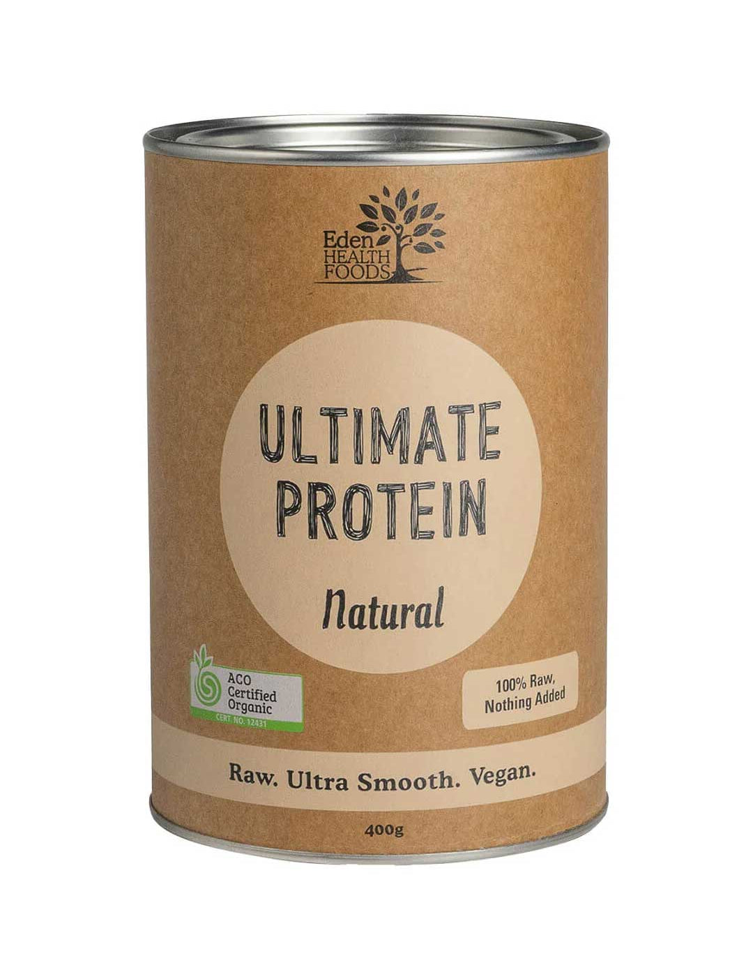 A cylindrical brown can of Eden Healthfoods Ultimate Protein Natural 400g, a raw, ultra-smooth, vegan, organic plant-based protein powder.