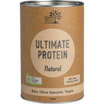 A cylindrical brown can of Eden Healthfoods Ultimate Protein Natural 400g, a raw, ultra-smooth, vegan, organic plant-based protein powder.