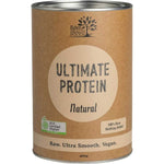 A cylindrical brown can of Eden Healthfoods Ultimate Protein Natural 400g, a raw, ultra-smooth, vegan, organic plant-based protein powder.