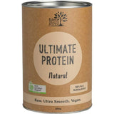 A cylindrical brown can of Eden Healthfoods Ultimate Protein Natural 400g, a raw, ultra-smooth, vegan, organic plant-based protein powder.
