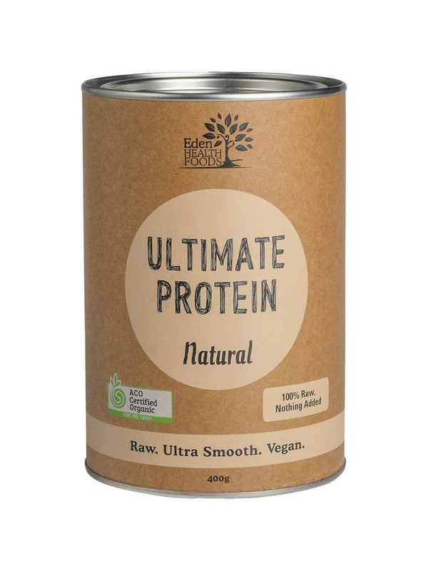 A cylindrical brown can of Eden Healthfoods Ultimate Protein Natural 400g, a raw, ultra-smooth, vegan, organic plant-based protein powder.