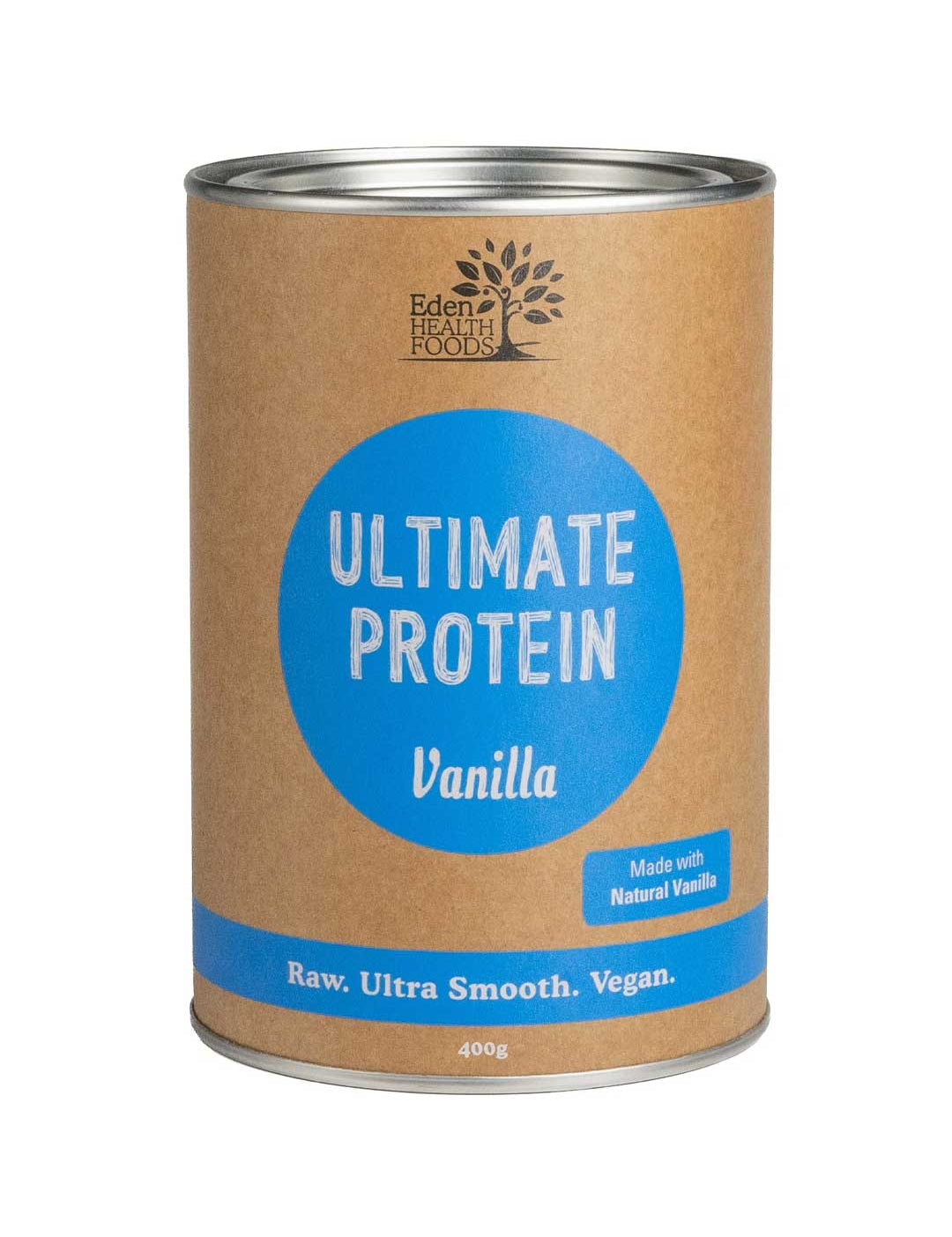 Eden Healthfoods Ultimate Protein Vanilla 400g is a cylindrical container with a brown label and blue circle, featuring raw, ultra-smooth, vegan organic protein made from sprouted brown rice.