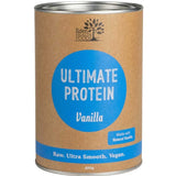 Eden Healthfoods Ultimate Protein Vanilla 400g is a cylindrical container with a brown label and blue circle, featuring raw, ultra-smooth, vegan organic protein made from sprouted brown rice.