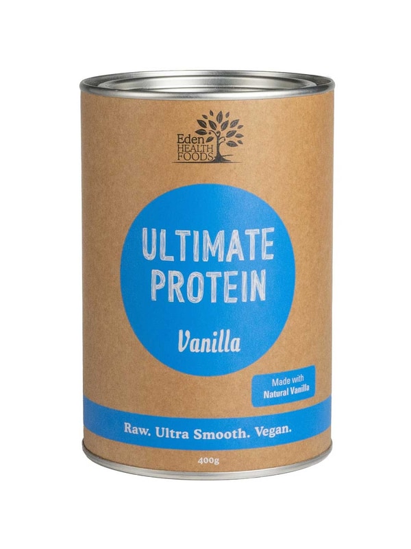 Eden Healthfoods Ultimate Protein Vanilla 400g is a cylindrical container with a brown label and blue circle, featuring raw, ultra-smooth, vegan organic protein made from sprouted brown rice.