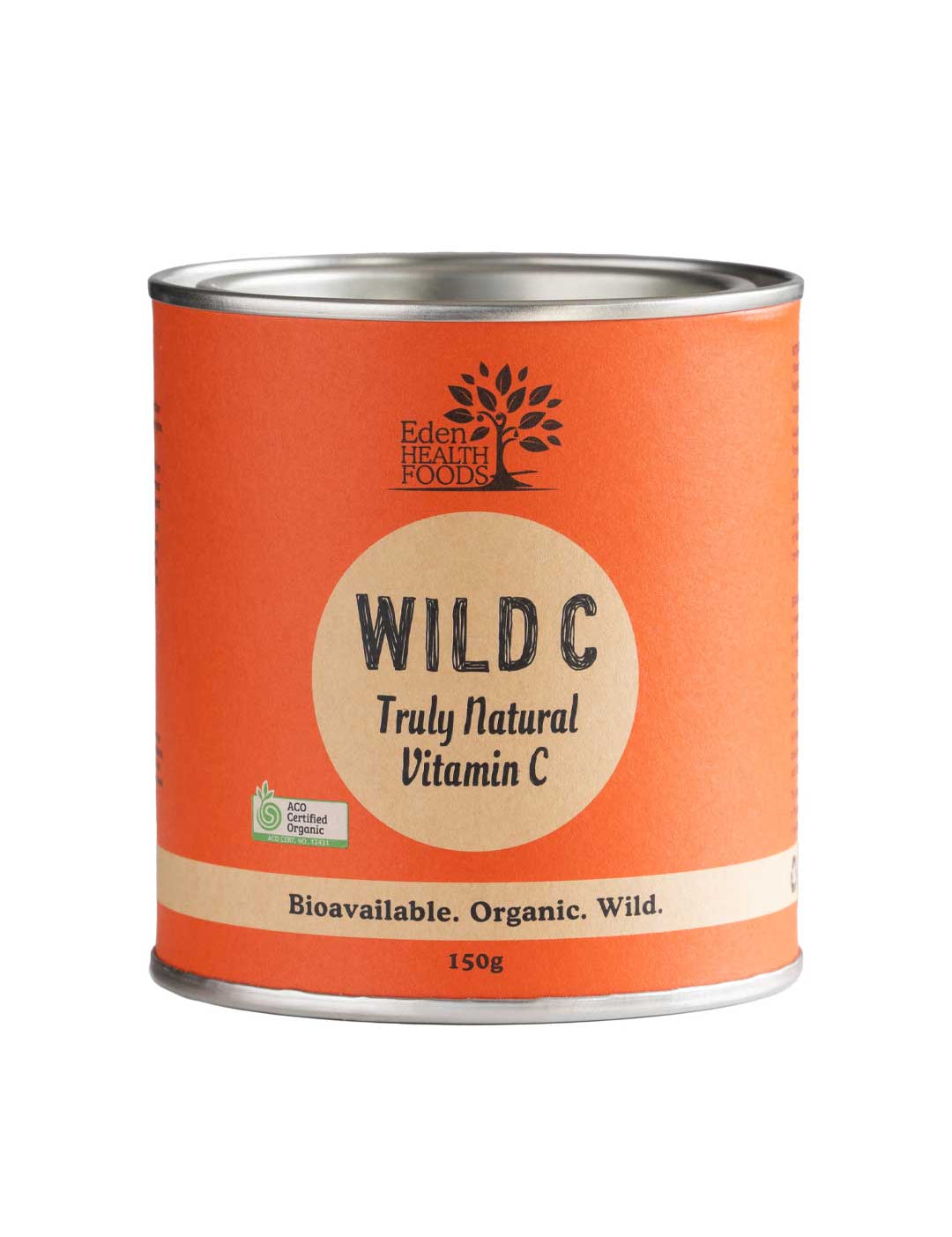 A cylindrical orange container labeled Eden Healthfoods Wild C Natural Vitamin C Powder 150g, offering organic vitamin C powder for immune support. Organic and wild-sourced.