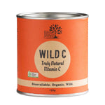 A cylindrical orange container labeled Eden Healthfoods Wild C Natural Vitamin C Powder 150g, offering organic vitamin C powder for immune support. Organic and wild-sourced.