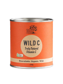 A cylindrical orange container labeled Eden Healthfoods Wild C Natural Vitamin C Powder 150g, offering organic vitamin C powder for immune support. Organic and wild-sourced.