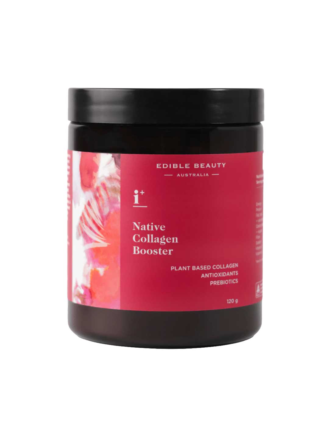 A 120g jar of Edible Beauty Native Beauty Vegan Collagen Booster, featuring a black lid and red label, offers collagen support with antioxidants and prebiotics.