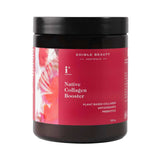 A 120g jar of Edible Beauty Native Beauty Vegan Collagen Booster, featuring a black lid and red label, offers collagen support with antioxidants and prebiotics.
