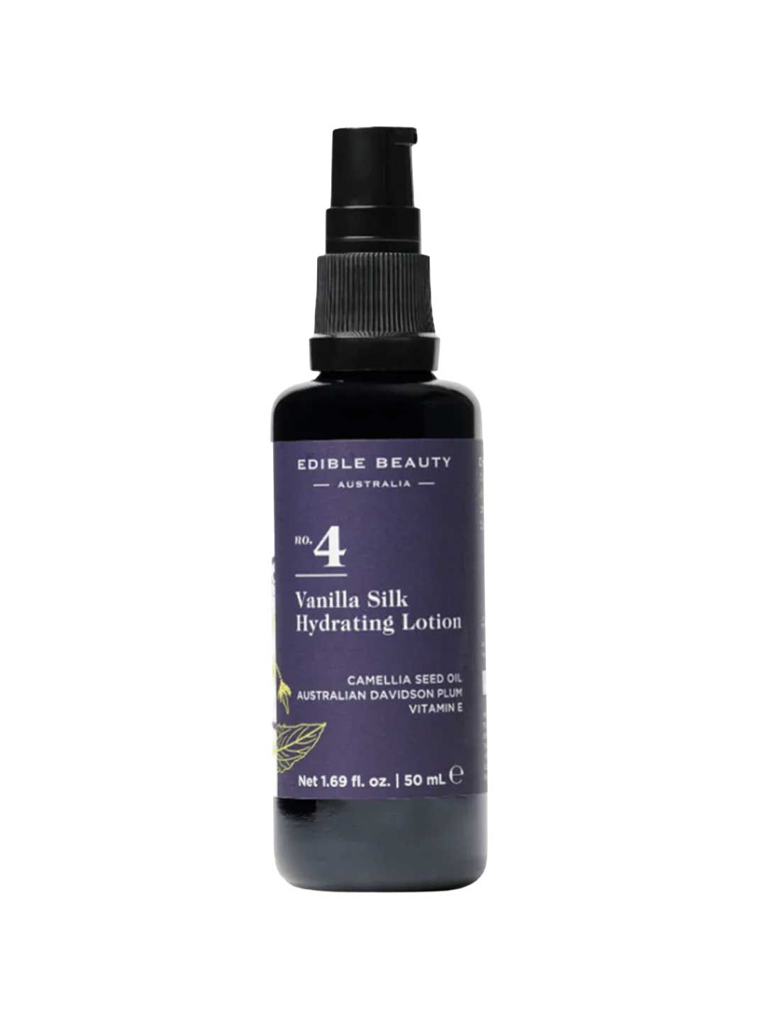 Edible Beauty No. 4 Vanilla Silk Hydrating Lotion comes in a dark 1.69 fl. oz. (50 ml) bottle with a black pump. Its label highlights camellia seed oil, Australian Davidson plum, and vitamin E for deep hydration on all skin types.