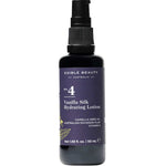 Edible Beauty No. 4 Vanilla Silk Hydrating Lotion comes in a dark 1.69 fl. oz. (50 ml) bottle with a black pump. Its label highlights camellia seed oil, Australian Davidson plum, and vitamin E for deep hydration on all skin types.