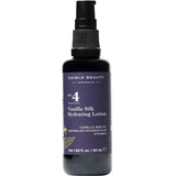 Edible Beauty No. 4 Vanilla Silk Hydrating Lotion comes in a dark 1.69 fl. oz. (50 ml) bottle with a black pump. Its label highlights camellia seed oil, Australian Davidson plum, and vitamin E for deep hydration on all skin types.