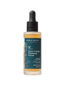 Edible Beauty Plant Collagen Plumping Serum, a 30 mL anti-aging vegan face serum with a black dropper cap and blue-green label, targets wrinkle reduction.