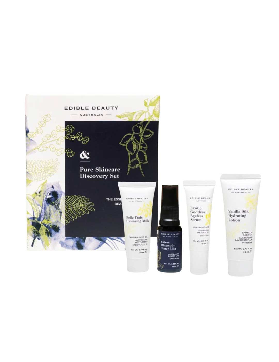 The Edible Beauty Pure Skincare Discovery 4 Piece Set offers a cleansing milk, serum, lotion, and moisturizer—a perfect way to sample luxurious Edible Beauty skincare essentials.
