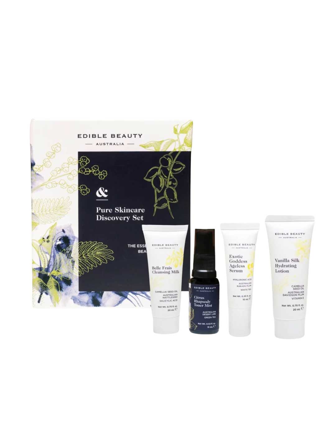 The Edible Beauty Pure Skincare Discovery 4 Piece Set offers a cleansing milk, serum, lotion, and moisturizer—a perfect way to sample luxurious Edible Beauty skincare essentials.