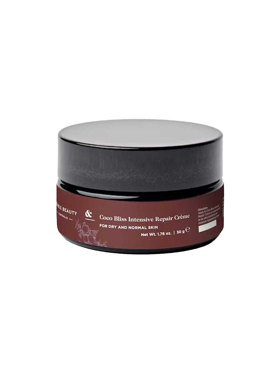 A dark brown jar with a black lid labeled "Edible Beauty & Coco Bliss Intensive Repair 50g," a ceramide cream for dry and normal skin to support the moisture barrier, is shown on a white background.