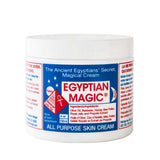 A white jar labeled Egyptian Magic All Purpose Skin Cream with blue, red, and white text details ingredients and product info, described as "The Ancient Egyptians' Secret Healing Balm" and a magical cream.