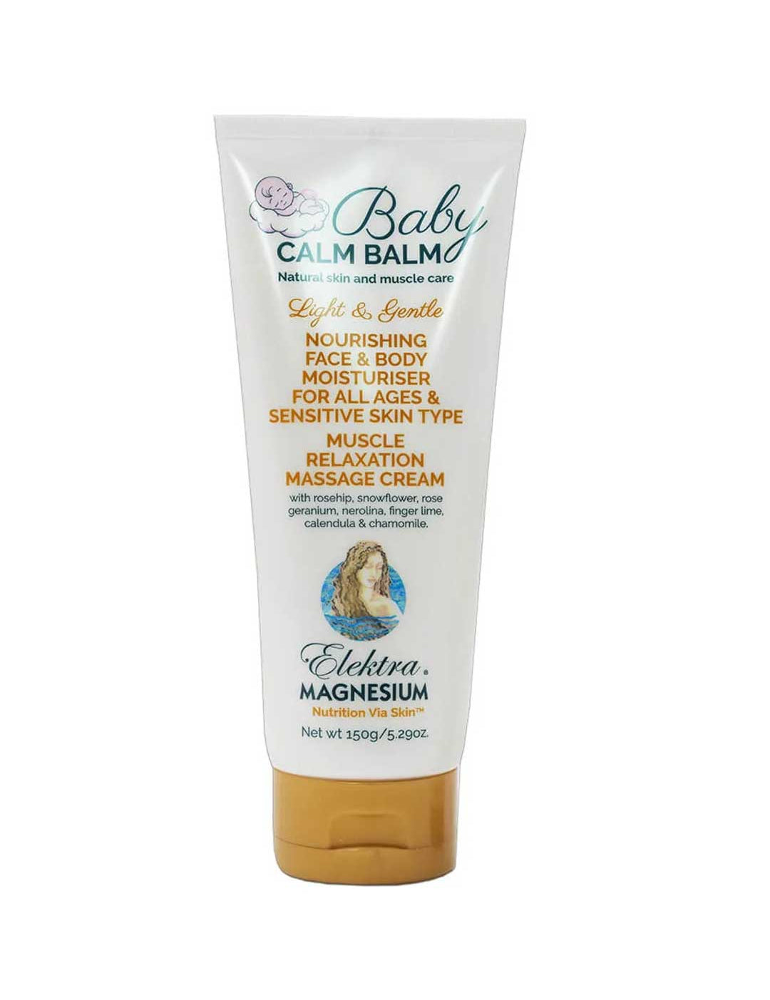 Elektra Magnesium Baby Calm 150g is a light, gentle magnesium cream for face and body, suitable for all ages and sensitive skin.