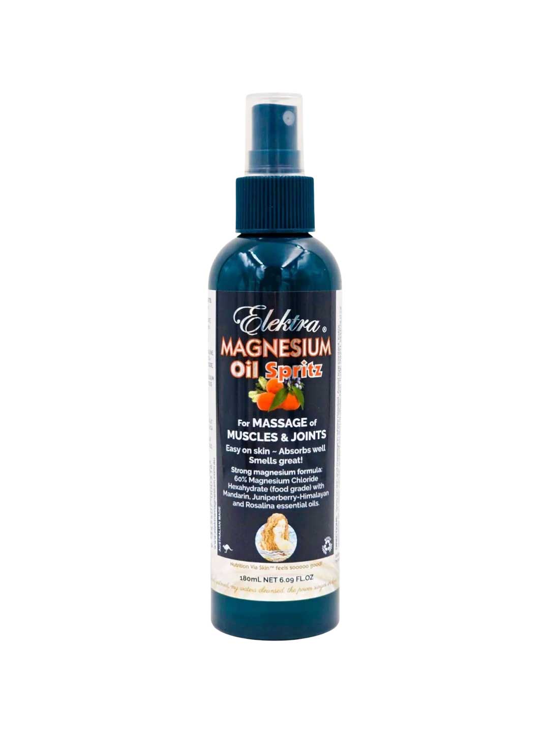 Elektra Magnesium Chloride Oil Spritz 180ml offers a relaxing massage for muscles and joints, with easy skin absorption and natural magnesium chloride minerals.
