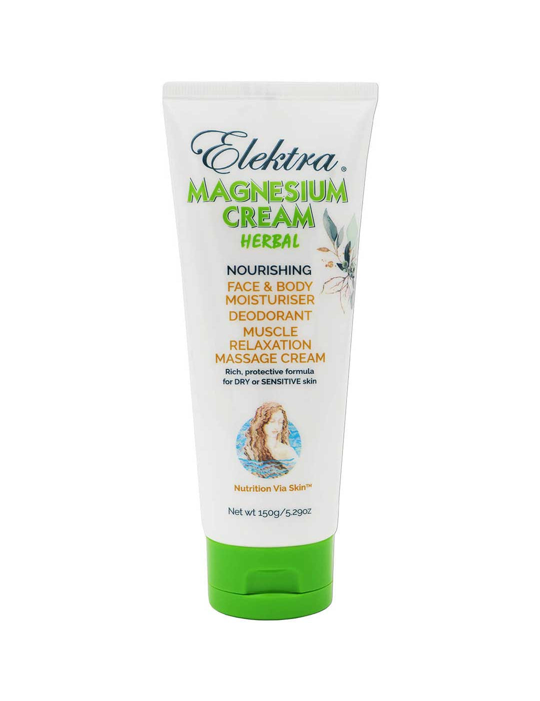 Elektra Magnesium Cream Herbal 150g comes in a white tube with green cap and text, used as a herbal face and body moisturiser, transdermal magnesium delivery, deodorant, muscle relaxation, and massage cream for dry or sensitive skin.