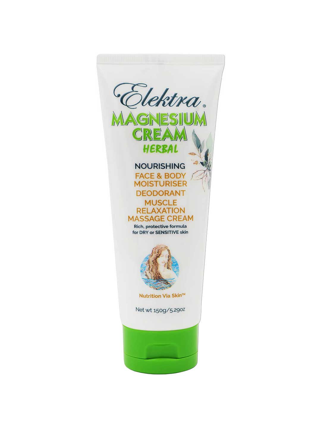 Elektra Magnesium Cream Herbal 150g comes in a white tube with green cap and text, used as a herbal face and body moisturiser, transdermal magnesium delivery, deodorant, muscle relaxation, and massage cream for dry or sensitive skin.