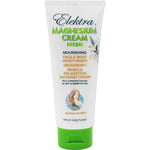 Elektra Magnesium Cream Herbal 150g comes in a white tube with green cap and text, used as a herbal face and body moisturiser, transdermal magnesium delivery, deodorant, muscle relaxation, and massage cream for dry or sensitive skin.