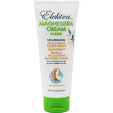 Elektra Magnesium Cream Herbal 150g comes in a white tube with green cap and text, used as a herbal face and body moisturiser, transdermal magnesium delivery, deodorant, muscle relaxation, and massage cream for dry or sensitive skin.