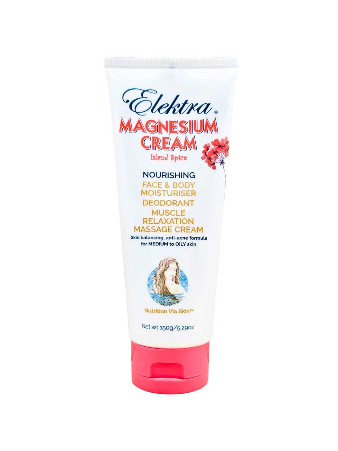 A white tube of Elektra Magnesium Cream Island Spice 150g with a red cap. The label highlights moisturizing, deodorant, and muscle relaxation benefits, featuring magnesium chloride for effective transdermal absorption.