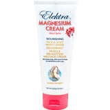 A white tube of Elektra Magnesium Cream Island Spice 150g with a red cap. The label highlights moisturizing, deodorant, and muscle relaxation benefits, featuring magnesium chloride for effective transdermal absorption.