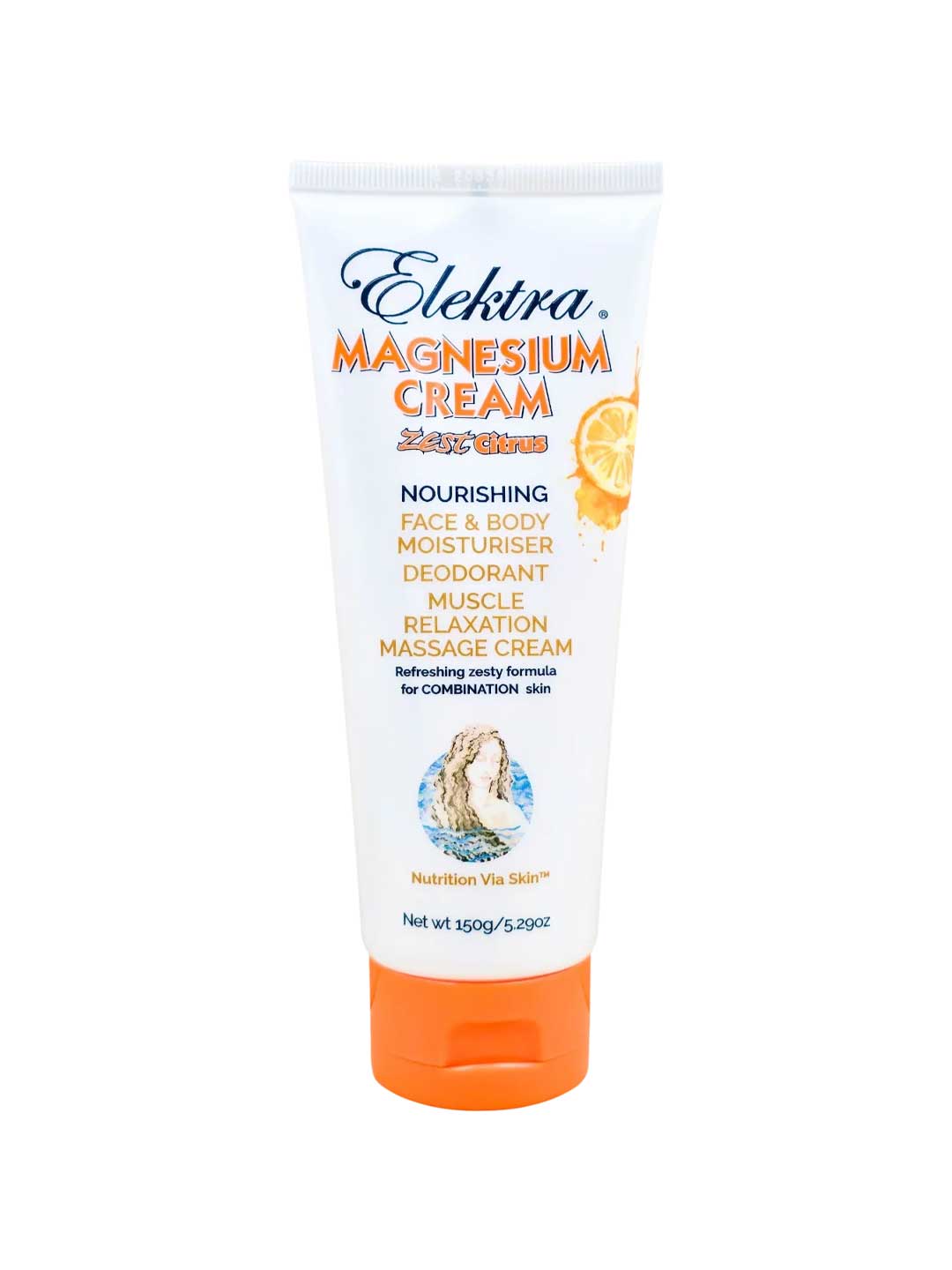 Elektra Magnesium Cream Zest Citrus 150g is a white and orange tube face and body moisturizer, natural deodorant, and muscle relaxation massage cream for combination skin that supports transdermal magnesium absorption.