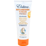 Elektra Magnesium Cream Zest Citrus 150g is a white and orange tube face and body moisturizer, natural deodorant, and muscle relaxation massage cream for combination skin that supports transdermal magnesium absorption.
