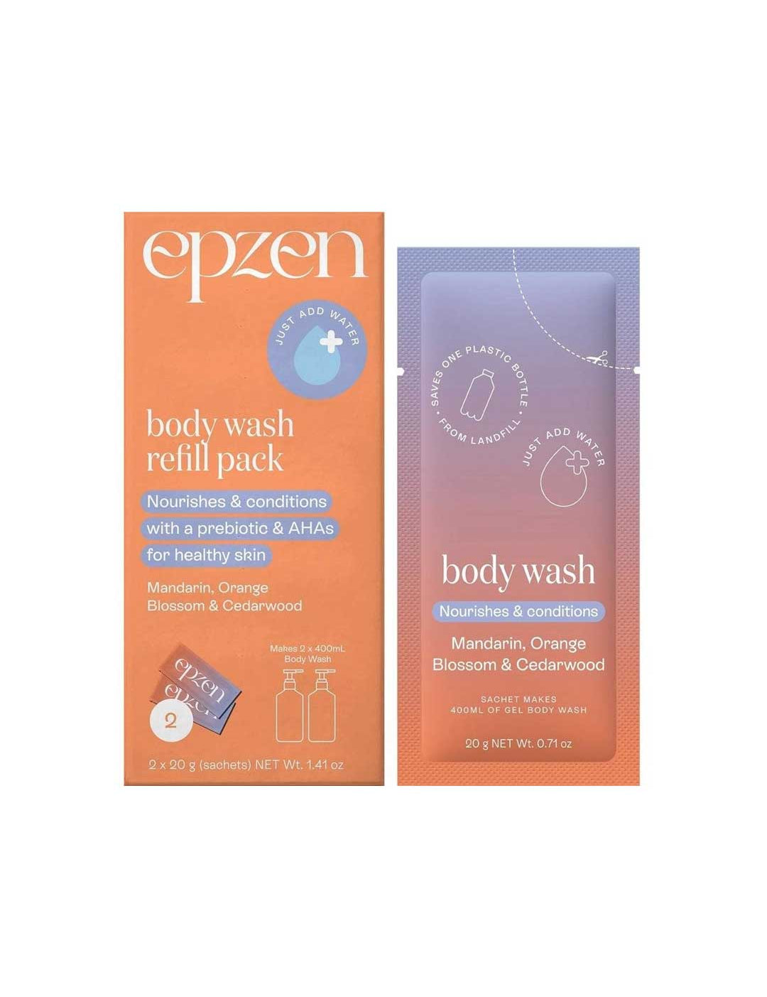 Epzen Body Wash Refill 2pk Mandarin Orange Blossom & Cedarwood 2x400ml in orange and lavender sachets features a powder-to-gel formula with prebiotic inulin, AHA acids, a fresh scent, and simple “just add water” instructions.