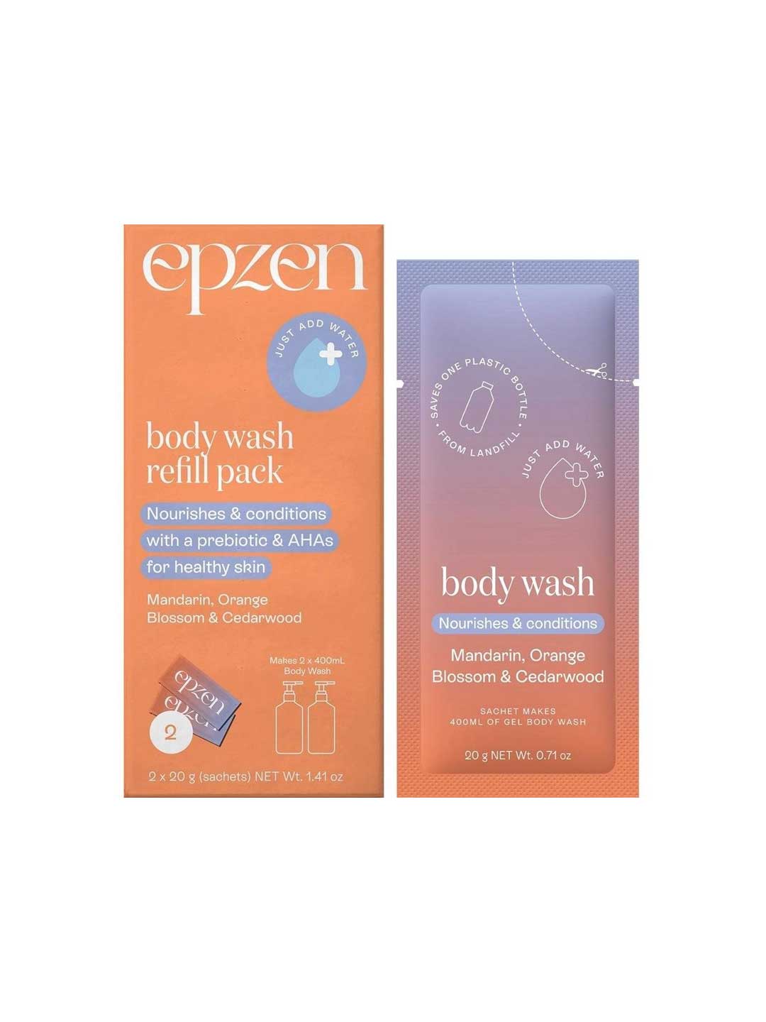 Epzen Body Wash Refill 2pk Mandarin Orange Blossom & Cedarwood 2x400ml in orange and lavender sachets features a powder-to-gel formula with prebiotic inulin, AHA acids, a fresh scent, and simple “just add water” instructions.