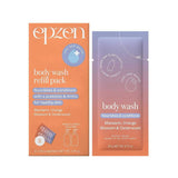 Epzen Body Wash Refill 2pk Mandarin Orange Blossom & Cedarwood 2x400ml in orange and lavender sachets features a powder-to-gel formula with prebiotic inulin, AHA acids, a fresh scent, and simple “just add water” instructions.