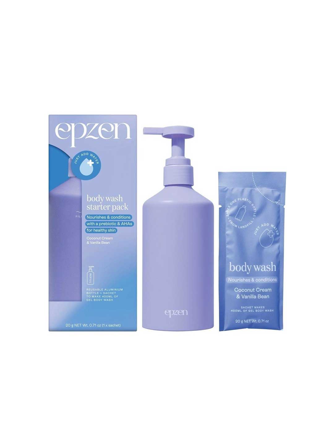 A light purple pump bottle, matching sachet, and box labeled "Epzen Body Wash Starter Pack Coconut Cream & Vanilla Bean" for healthy skin.