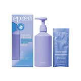 A light purple pump bottle, matching sachet, and box labeled "Epzen Body Wash Starter Pack Coconut Cream & Vanilla Bean" for healthy skin.