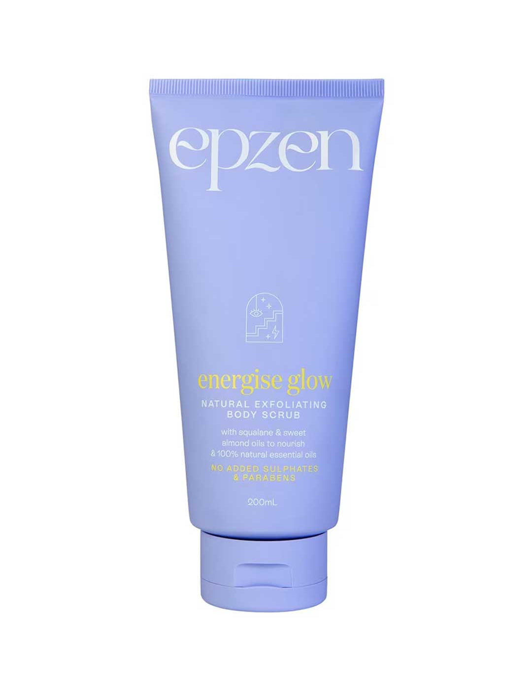 A lavender tube of Epzen Energise Glow Natural Exfoliating Body Scrub 200ml with white and yellow text stands upright against a white background, featuring product details and minimalist design for glowing skin.