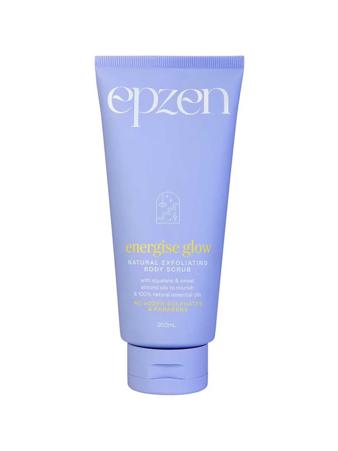 A lavender tube of Epzen Energise Glow Natural Exfoliating Body Scrub 200ml with white and yellow text stands upright against a white background, featuring product details and minimalist design for glowing skin.