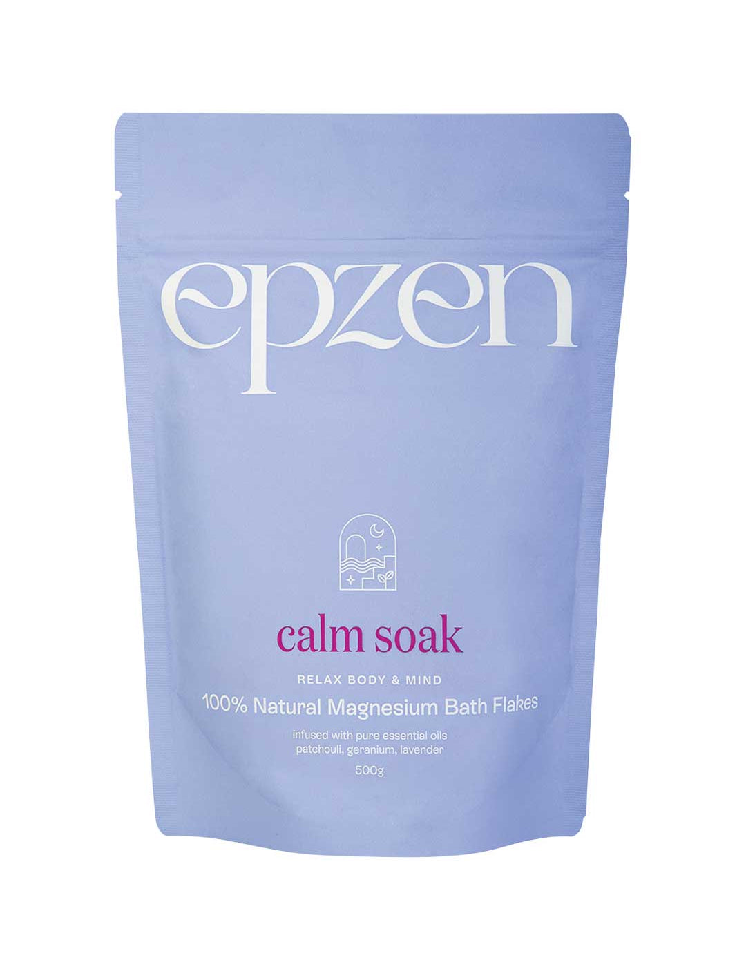 Epzen Magnesium Bath Flakes Calm Soak 500g comes in a lavender pouch with white and purple text and a bathtub illustration. It contains 100% natural magnesium flakes and essential oils for a calming bath experience.