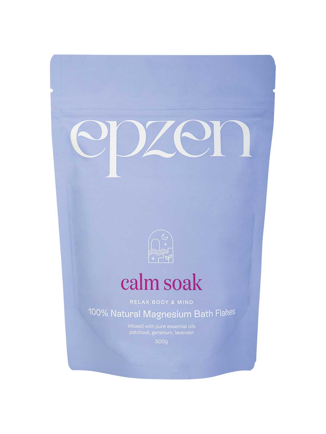 Epzen Magnesium Bath Flakes Calm Soak 500g comes in a lavender pouch with white and purple text and a bathtub illustration. It contains 100% natural magnesium flakes and essential oils for a calming bath experience.