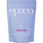 Epzen Magnesium Bath Flakes Calm Soak 500g comes in a lavender pouch with white and purple text and a bathtub illustration. It contains 100% natural magnesium flakes and essential oils for a calming bath experience.