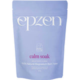 Epzen Magnesium Bath Flakes Calm Soak 500g comes in a lavender pouch with white and purple text and a bathtub illustration. It contains 100% natural magnesium flakes and essential oils for a calming bath experience.